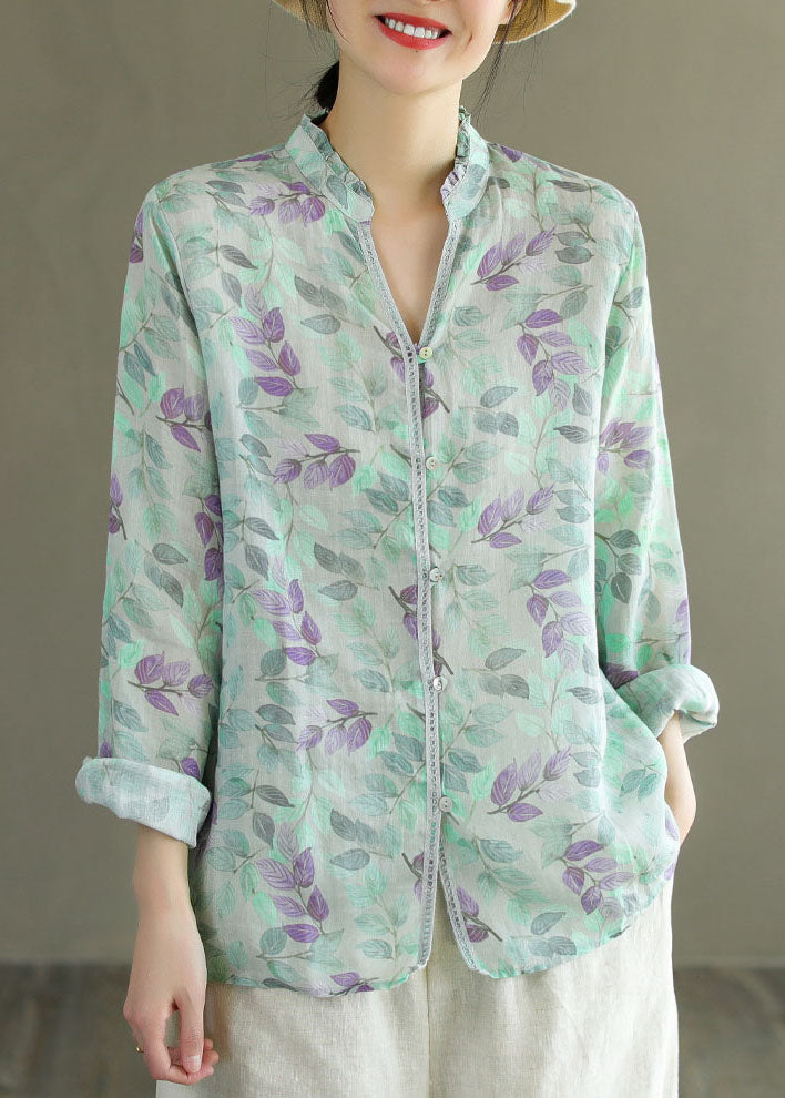 Diy Blue V Neck Ruffled Print Patchwork Linen Shirt Tops Spring
