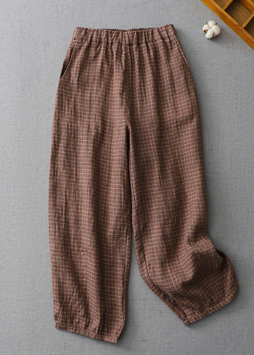Plaid Pockets Elastic Waist Linen Crop Pants Summer