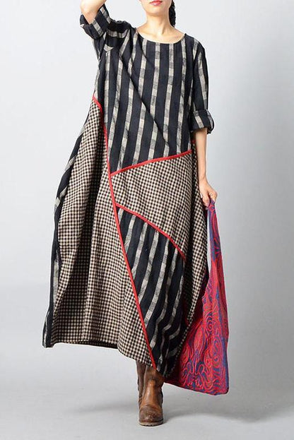 Limited Stock- Stripes Plaid Spliced Irregular Cotton Linen Dress