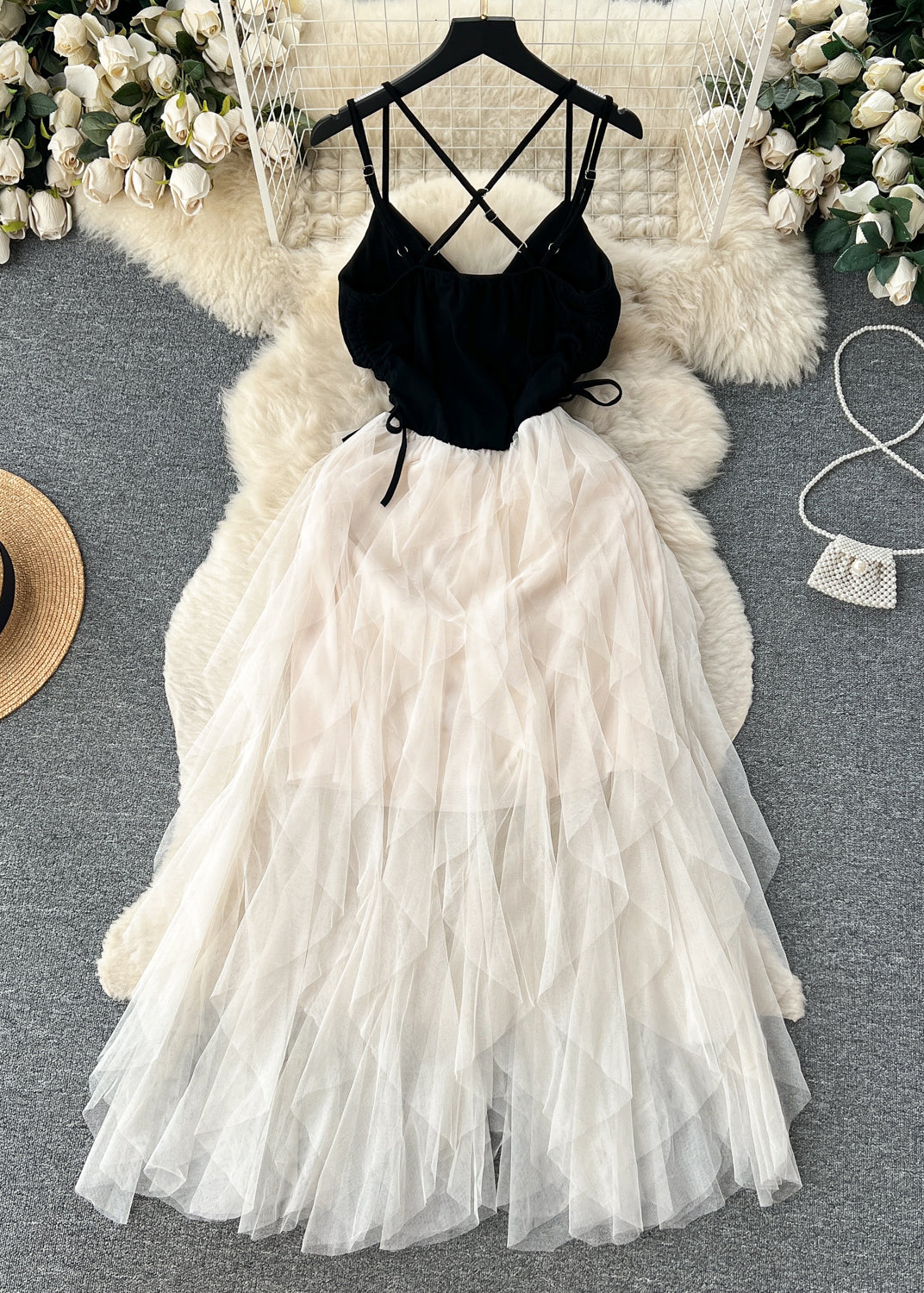 Apricot Cinched Patchwork Tulle Spaghetti Strap Dress Sleeveless