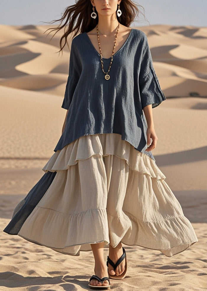 Navy Oversized Exra Large Hem Cotton Fake Two Piece Dress Summer