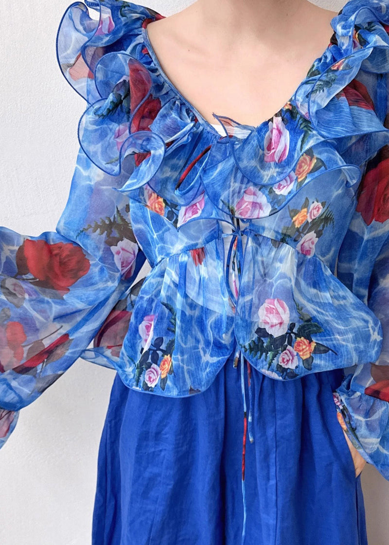 Blue Ruffled Patchwork Print Chiffon Shirt Flare Sleeve