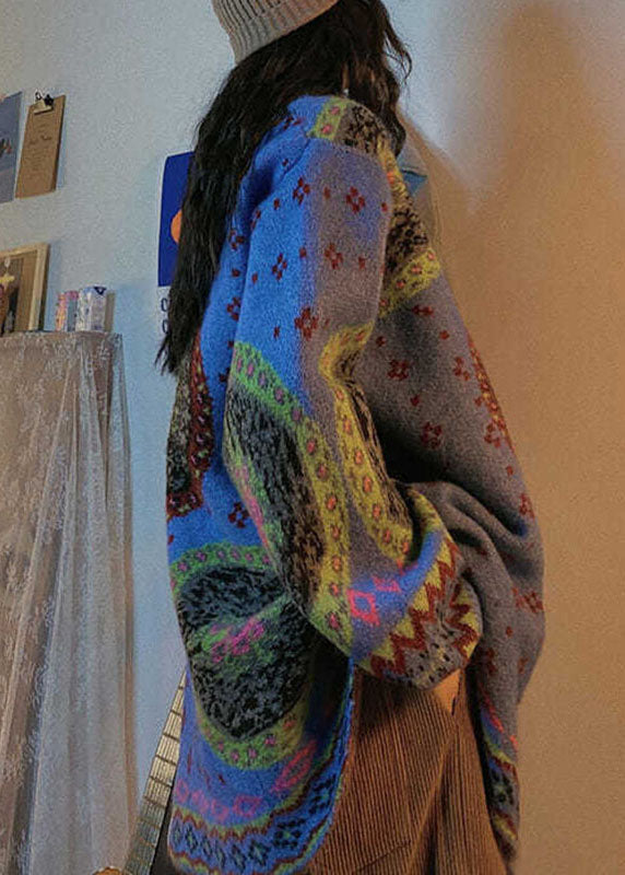 Blue Retro Button Print Fall Knit Sweater Coat
