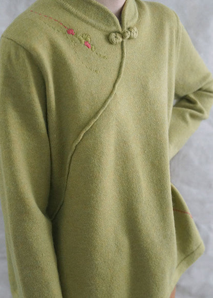 Style Yellow Retro Embroidered Fall Knit Tops