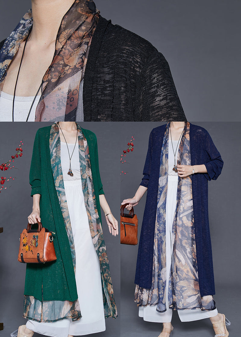 Navy Patchwork Silk Cardigan Fake Two Piece Summer
