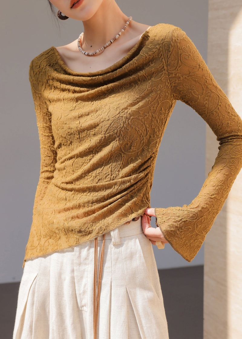 Brown Asymmetrical Jacquard Cotton Top Flare Sleeve