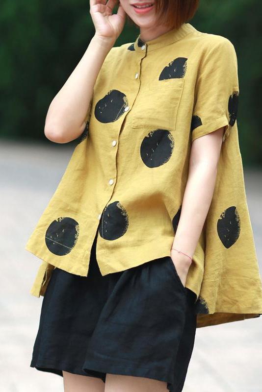 Limited Stock- Polka Dot Cotton Linen Stand Collar Shirt