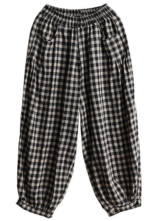 Black Plaid Pockets Patchwork Cotton Lantern Pants Summer