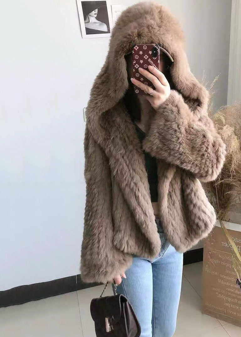Chocolate Hooded Color Rabbit Hair Knit Jacket Winter
