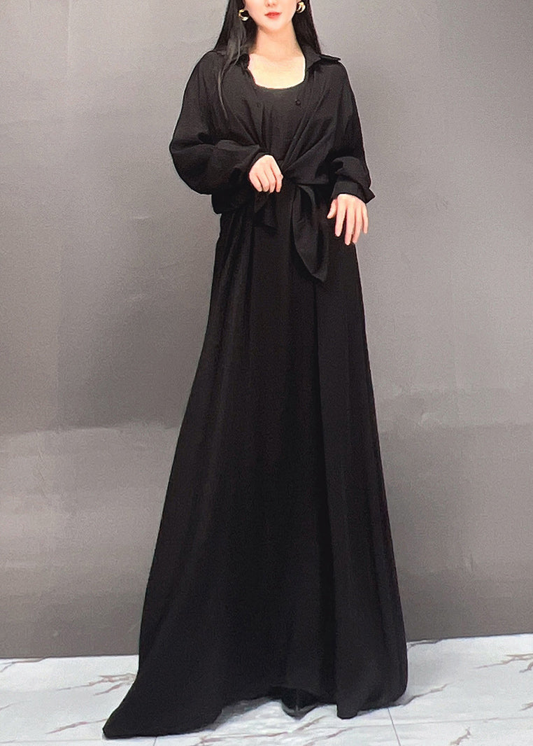 Black Peter Pan Collar Shirts and Maxi Skirts Two Piece Set Fall