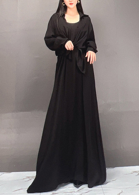 Black Peter Pan Collar Shirts and Maxi Skirts Two Piece Set Fall