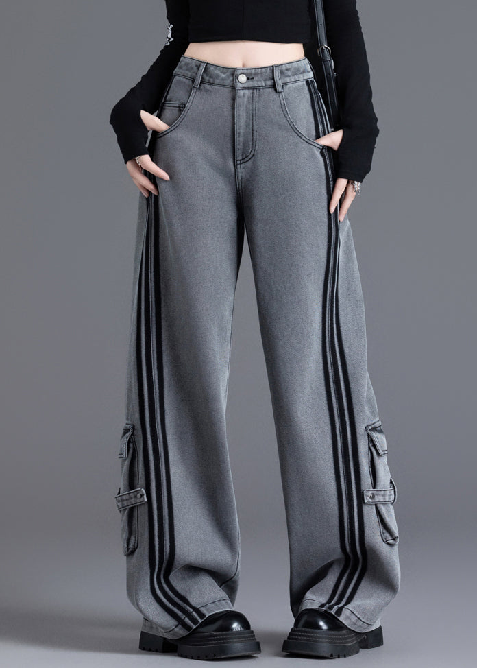 Black Pockets Patchwork High Waist Denim Pants Spring