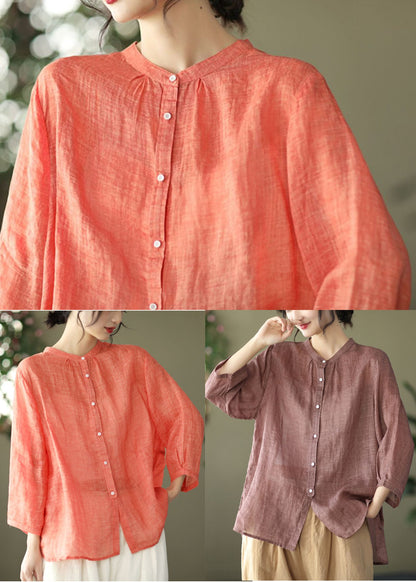 Chocolate Patchwork Linen Shirt Top Wrinkled Bracelet Sleeve