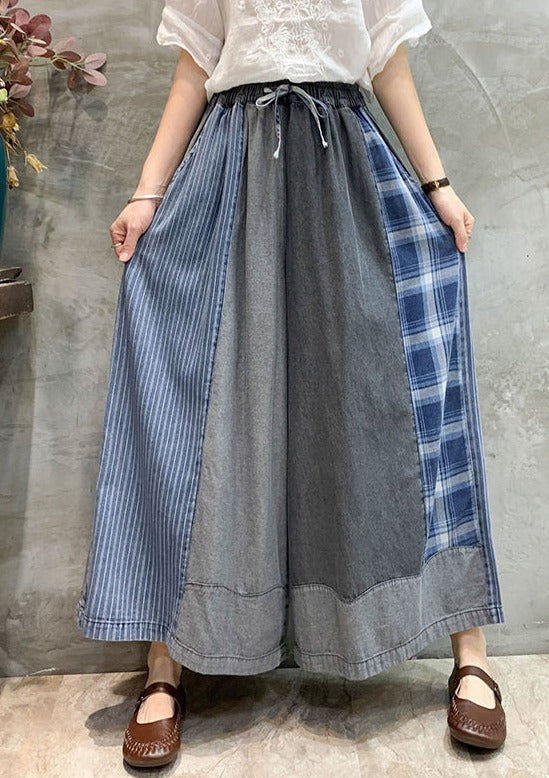 Drawstring Elasticity Plaid Split-joint Ninth Denim Pants