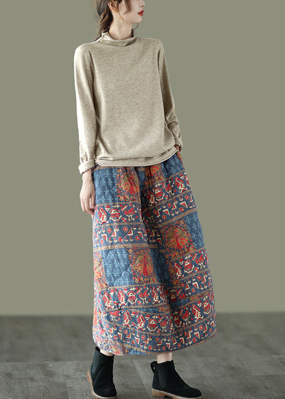 Fine Elastic Waist Pockets Print Fine Cotton Filled a Line Skirt Winter