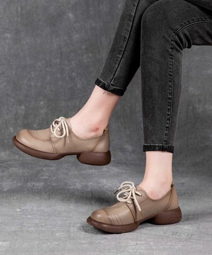 Brown Cowhide Leather Lace Up Splicing Flat Shoes for