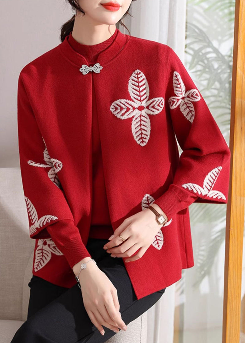 Red Print Knit Cardigans and Sweaters Two Pieces Set Fall