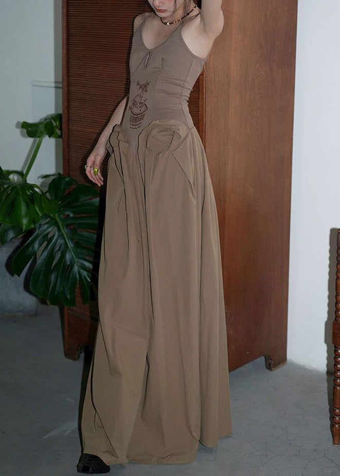 Brown Ruffled Patchwork Cotton Spaghetti Strap Dresses Summer