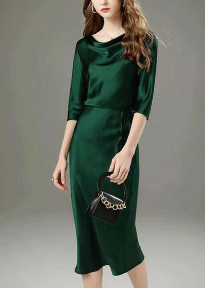 Classy Black Tie Waist Silk Long Dress Half Sleeve
