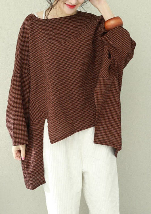 Asymmetric Cotton Fine Work Black Brown Plaid Oversized Tops