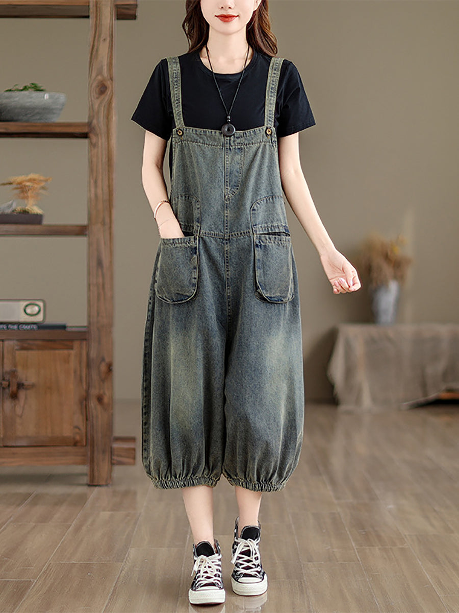 Retro Summer Pocket Denim Jumpsuits