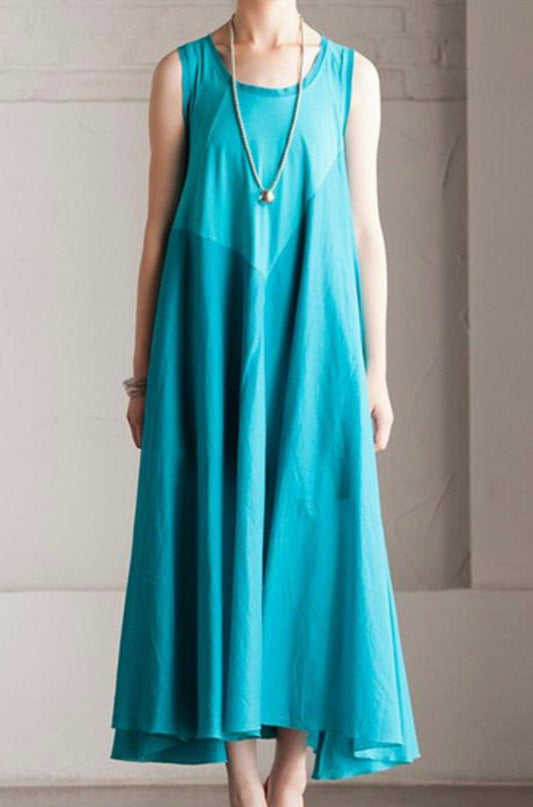 Summer Cotton Patchwork Dress Maxi Loose Long Dress Sleeveless Clothes Dress