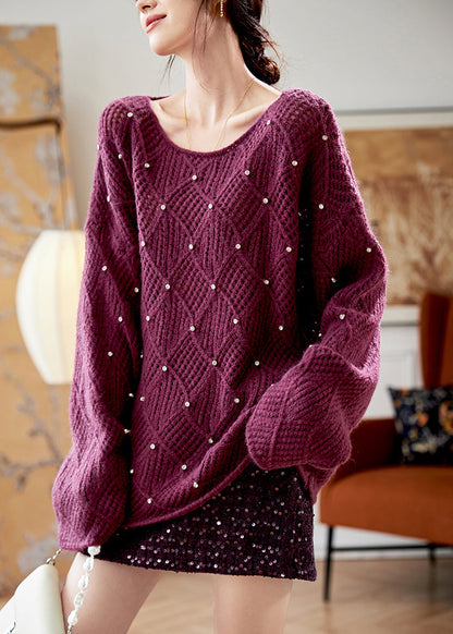Purple O Neck Zircon Knit Sweaters Fall