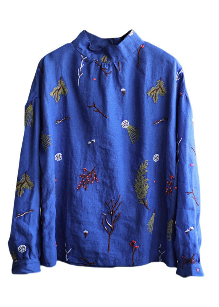 Stylish Blue Embroidered Retro Linen Blouse Tops Spring