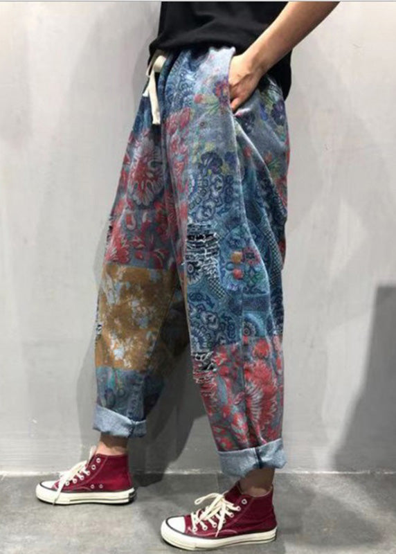 Blue Print Tie Waist Ripped Wide Leg Pants Summer