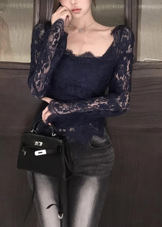 Black Hollow Out Lace Eyelash Tops Spring