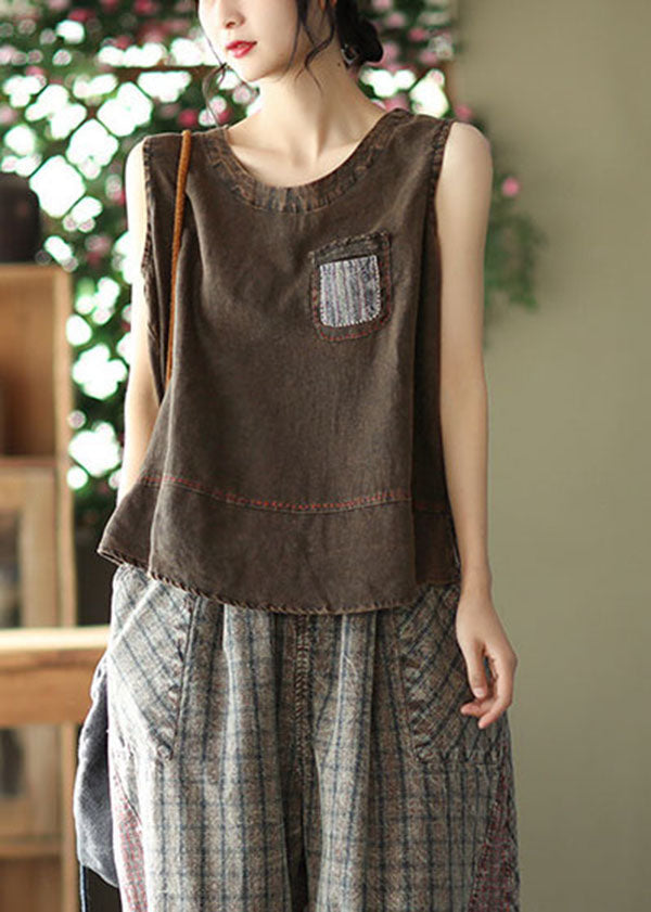 French Chocolate O-neck Patchwork Linen Tank Tops Sleeveless