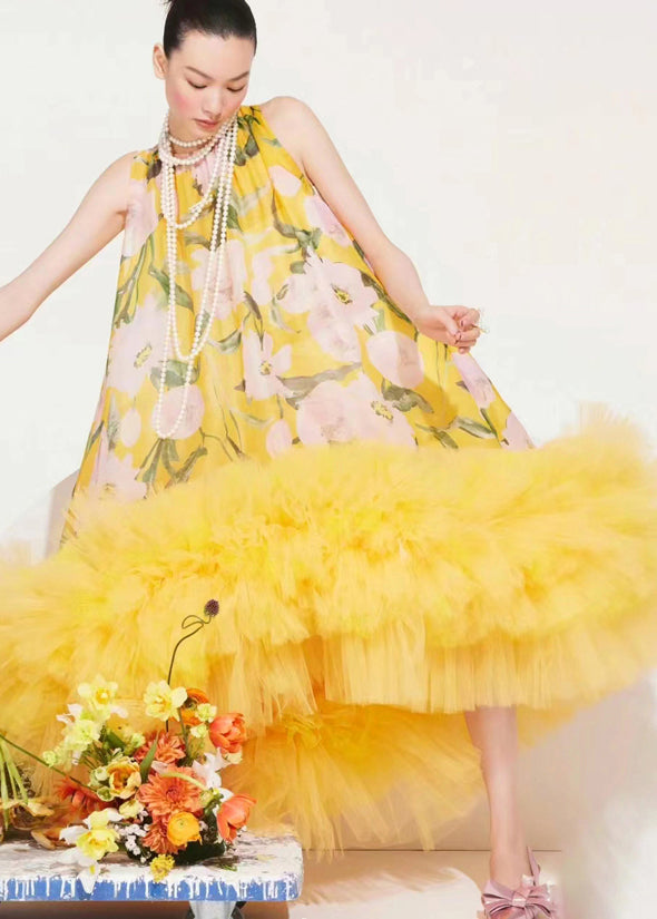 Yellow Print Exra Large Hem Party Dress Sleeveless