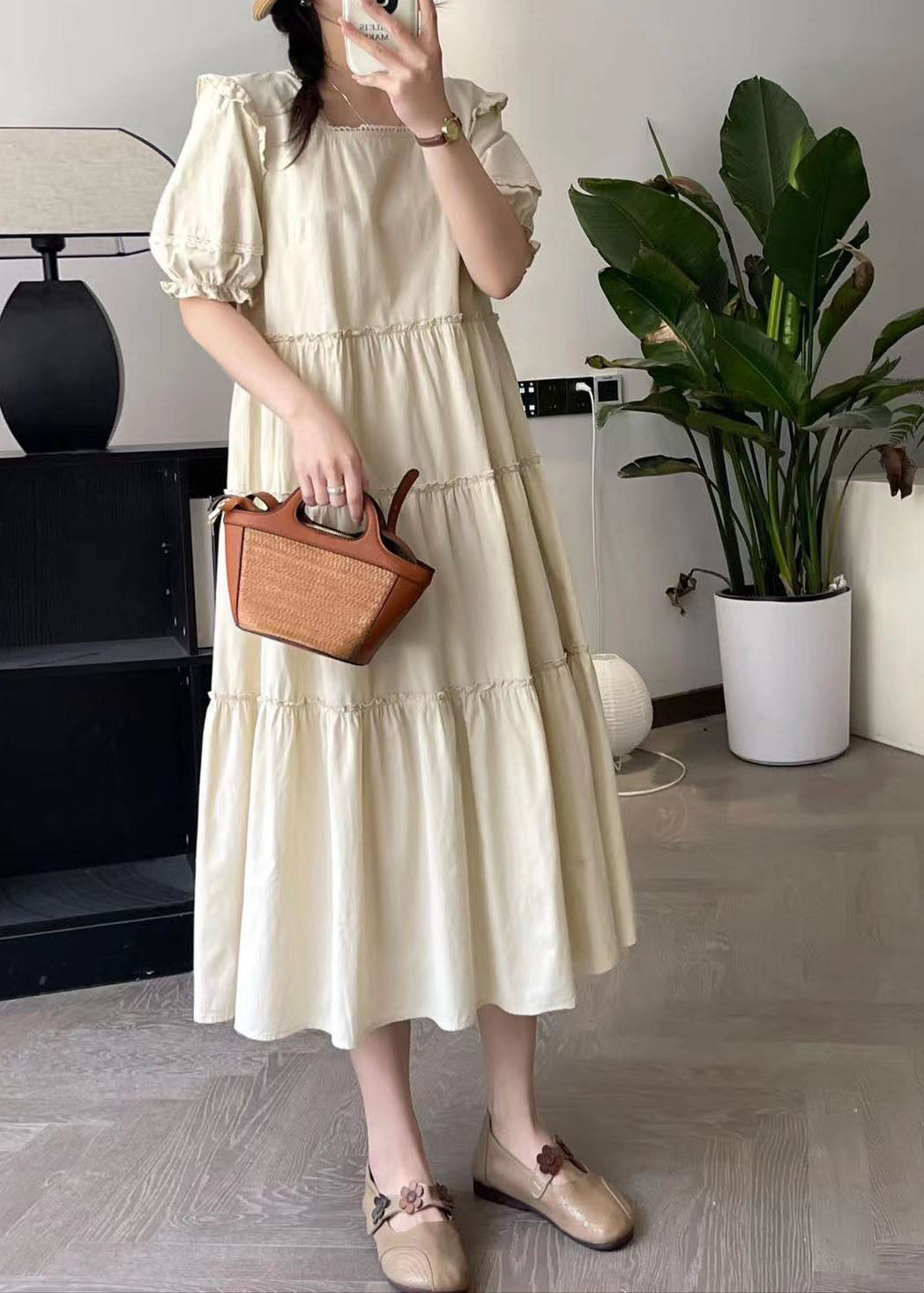 Apricot Square Collar Long Dress Short Sleeve