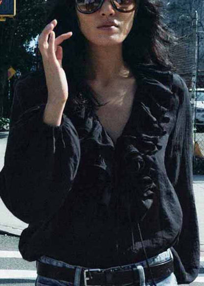Art Black Ruffled Lace Up Cotton Blouse Fall
