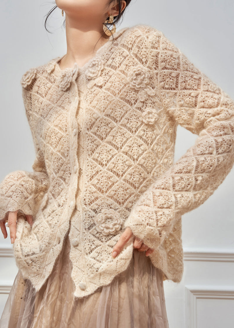 Art Apricot Hollow Out Button Knit Sweater Spring