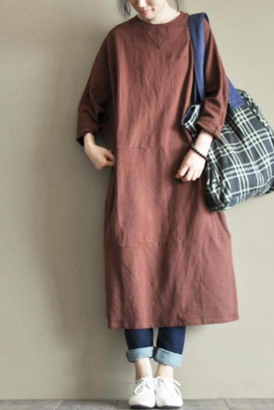 Two Colours Round Collar Fleece Long Dress Causel Outfits