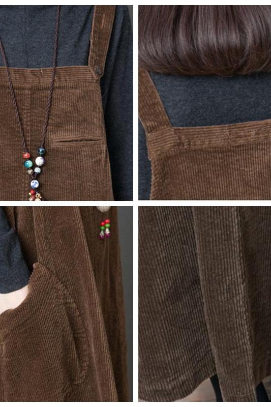 Corduroy Loose Large Pocket Suspenders Dress