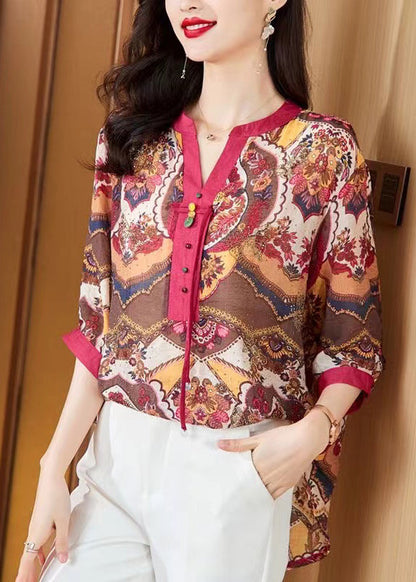 Red Tasseled Print Cotton Blouse Tops Half Sleeve
