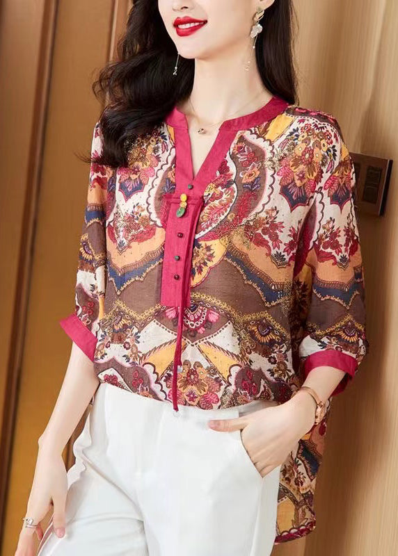 Red Tasseled Print Cotton Blouse Tops Half Sleeve