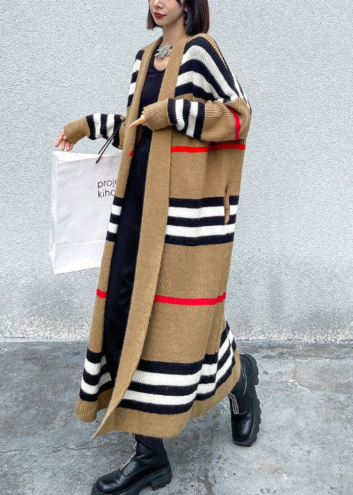 French Khaki Retro Striped Loose Fall Knit Sweater Coat