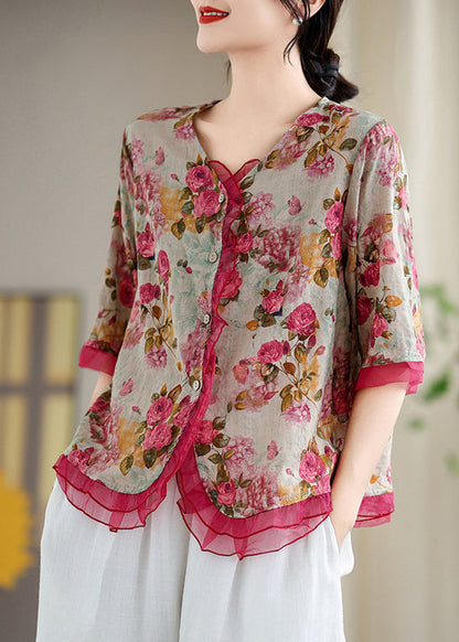 Stylish Red Patchwork Organza Linen Shirts Summer