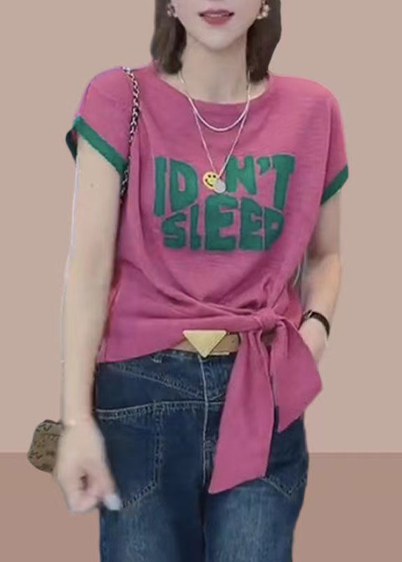 Stylish Rose O-neck Tie a Knot Ice Silk T Shirts Summer