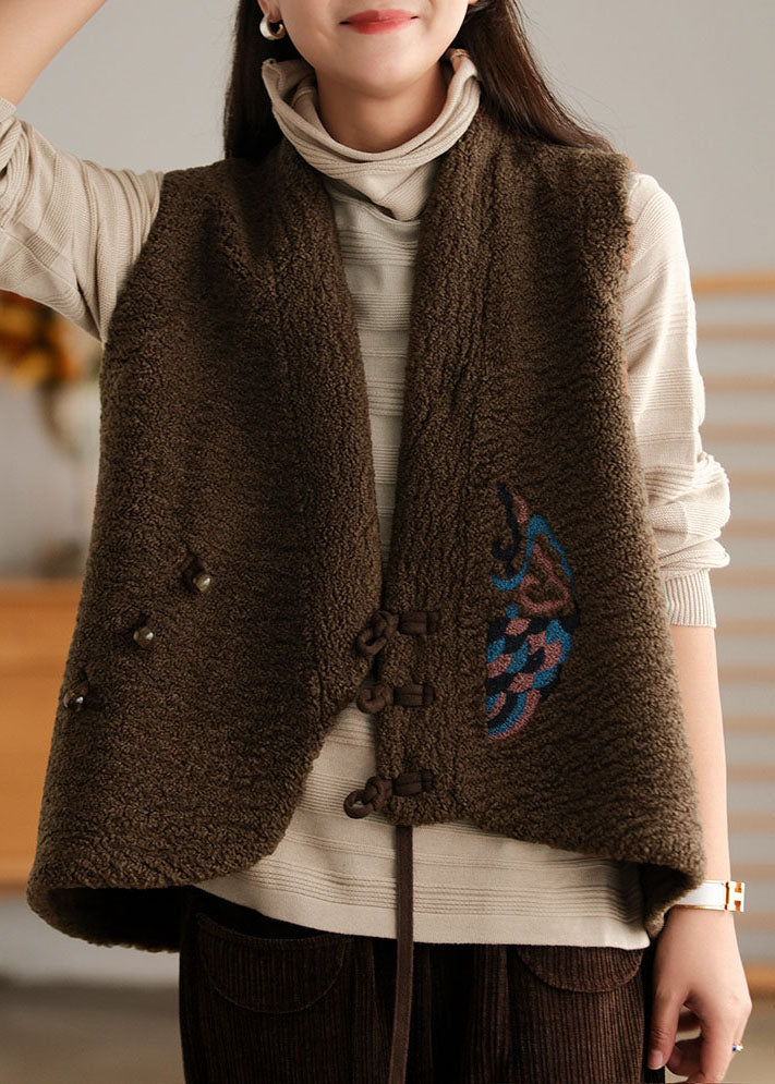 Diy Chocolate Embroidered Asymmetrical Design Faux Fur Vest Sleeveless