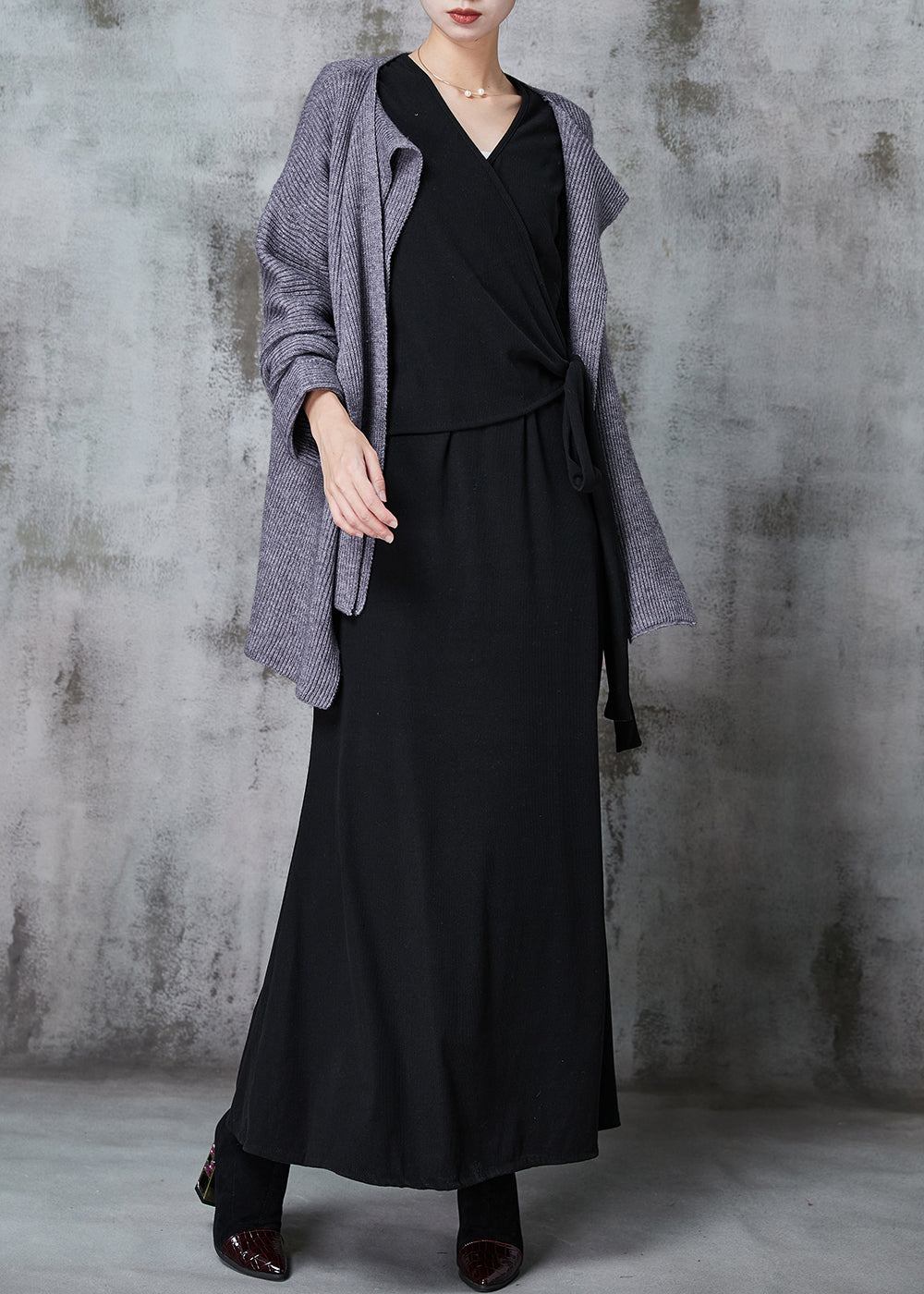 Fitted Grey Asymmetrical Silm Fit Knit Cardigan and Dress Two Pieces Set Spring