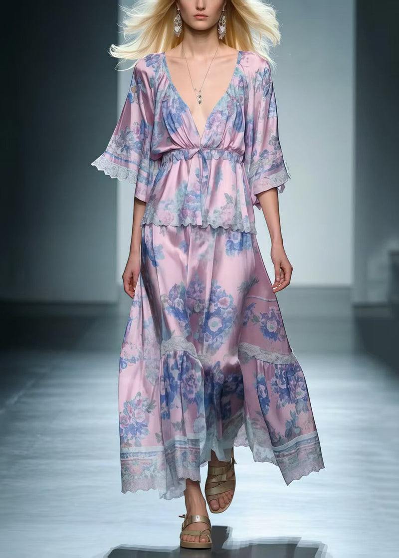 Light Purple V Neck Print Silk Long Dress Summer