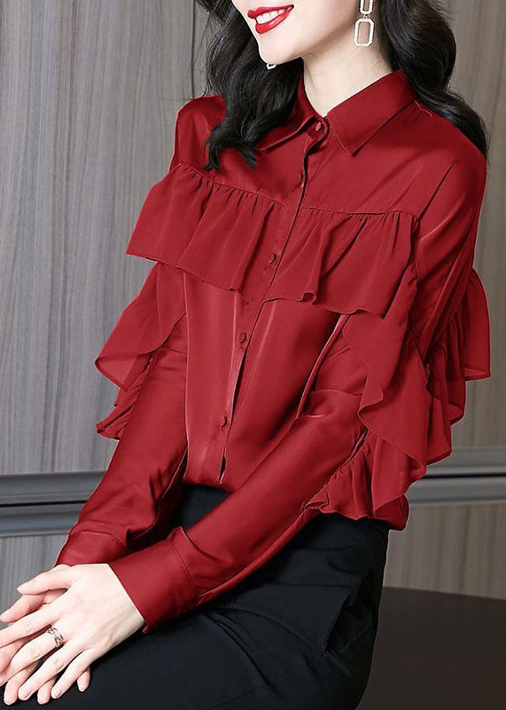Red Peter Pan Collar Ruffled Patchwork Silk Shirts Spring