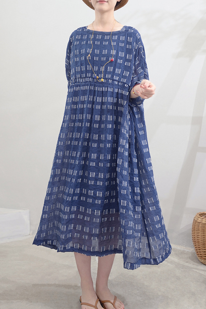 Summer Short Sleeve Dress Tencel Checkered Long Dress
