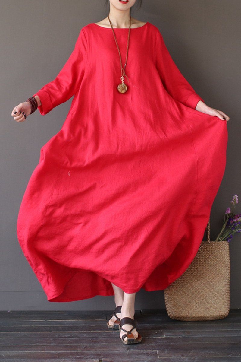 Red Bat Sleeve Causel Long Dress Oversize Outfits