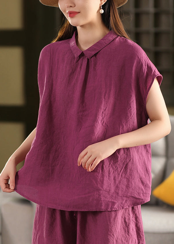 Purple Button Wear on Both Sides Linen Summer Shirts Peter Pan Collar