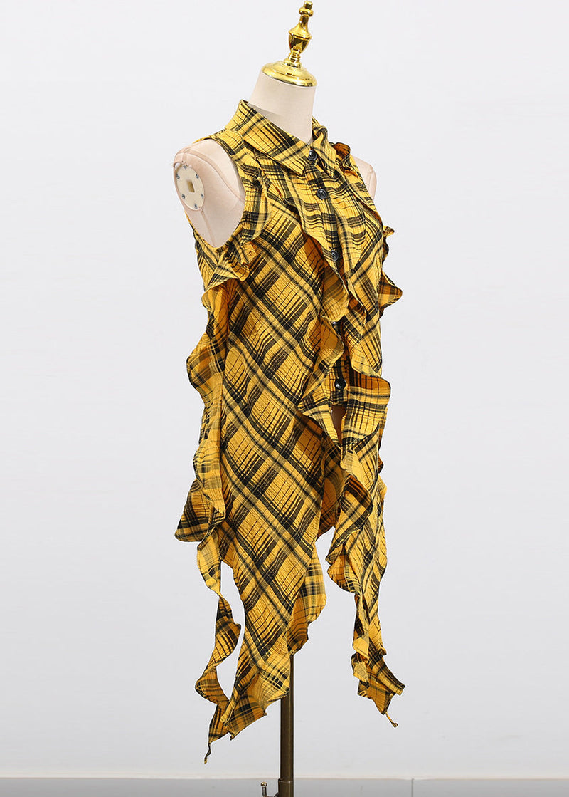 Style Yellow Asymmetrical Ruffled Plaid Cotton Blouse Top Sleeveless